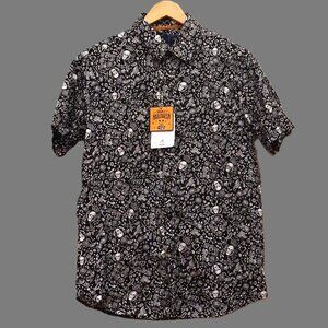 Rugby University Black Button Up Shirt w/ White Skull Bandana Print Men’s Large